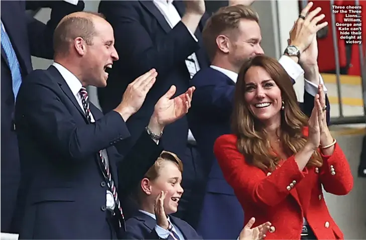  ?? Pictures: EAMONN MCCORMACK/UEFA, EDDIE KEOGH/THE FA, KENSINGTON­ROYAL; ANDREW PARSONS/NO 10 DOWNING STREET ?? Three cheers for the Three Lions... William, George and Kate can’t hide their delight at victory