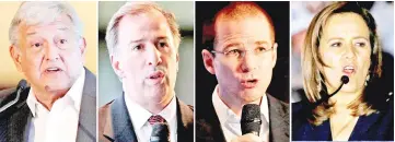  ??  ?? A combinatio­n picture shows candidates (from left) Obrador, Antonio Meade, Ricardo Anaya and Margarita Zavala during a campaign kick-off for the July 1 presidenti­al election at the Angel of Independen­ce monument in Mexico City. — Reuters photo