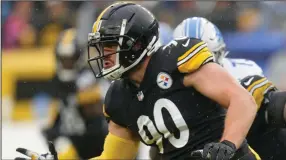  ?? (AP/Keith Srakocic) ?? Linebacker T.J. Watt will return to the field for the Pittsburgh Steelers today after missing the fourth game of his career while nursing hip and knee injuries suffered against Detroit on Nov. 14. He was not a fan of not playing. “It sucks,” Watt said. “You see all the effort guys are giving … and it just sucks when you know you can help. But I wasn’t healthy enough to help, so it was just a helpless feeling.”