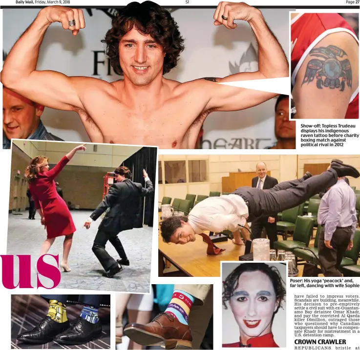  ??  ?? Putting his foot in it: Trudeau in Star Wars socks and, right, his Ramadan-themed rainbow pair Show-off: Topless Trudeau displays his indigenous raven tattoo before charity boxing match against political rival in 2012