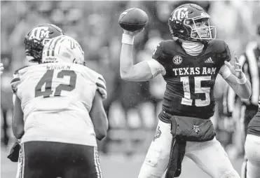  ?? Brett Coomer/staff photograph­er ?? Conner Weigman took over as the Aggies’ starting quarterbac­k as a freshman last season and is the presumed starter for 2023, although Max Johnson and others could push for playing time.