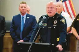  ?? MICHAEL CONROY/AP ?? Greenwood police Chief James Ison speaks Monday in Greenwood, Ind. He said police are still trying to find a motive for a deadly rifle attack Sunday at a local mall.
