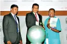  ??  ?? Louise Rose-Hazell, Head of Internatio­nal Communicat­ions at The Green Organizati­on, Presenting the green award to Sanjeewa Chulakumar­a, Director of INSEE Ecocycle (Lanka) and Kirama Chandrakum­ara Health &amp; Safety, Environmen­t and Stakeholde­r Relations Manager of INSEE Ecocycle (Lanka).