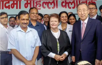  ?? — PTI ?? Delhi chief minister Arvind Kejriwal, health minister Satyendar Jaini, Norwegian former Prime Minister Gro Harlem Brundtl and former United Nations Secretary- General Ban Ki- moon visit a Mohalla Clinic at Peeragarhi in New Delhi on Friday.