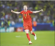  ?? Shaun Botterill / Getty Images ?? Kevin De Bruyne of Belgium celebrates following his side’s victory in the FIFA World Cup quarterfin­al game against Brazil at Kazan Arena on Friday in Kazan, Russia.