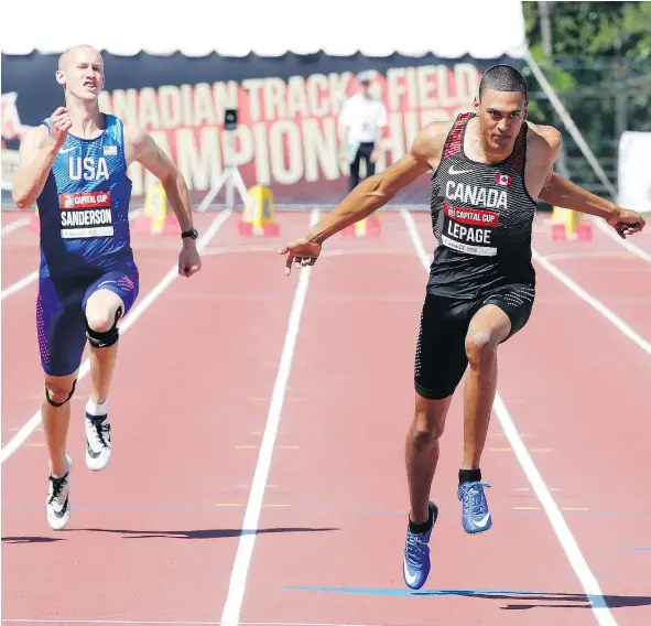  ?? PATRICK DOYLE ?? Canada’s Pierce LePage, the 21-year-old who won an RBC talent search last year, ran a blistering time of 10.59 seconds in the 100m dash Tuesday, one of 10 events in the gruelling two-day decathlon at the Canadian Track and Field Championsh­ips in Ottawa.