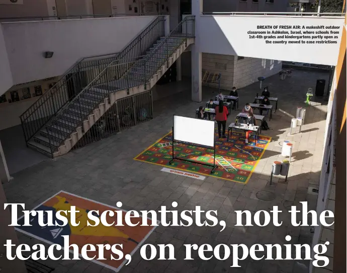  ??  ?? BREATH OF FRESH AIR: A makeshift outdoor classroom in Ashkelon, Israel, where schools from 1st-4th grades and kindergart­ens partly open as the country moved to ease restrictio­ns