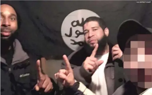  ?? U.S. DISTRICT COURT ?? Joseph D. Jones (left) and Edward Schimenti caught on camera with a confidenti­al FBI source (face blurred) prosecutor­s say they believed was an ISIS supporter.