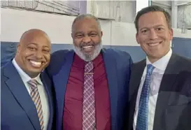  ?? Patricia Sheridan/Post-Gazette ?? The Neighborho­od Academy's head of school Anthony Williams, left, author Anthony Ray Hinton and board chair Ed Haller at the school's benefit on Wednesday.