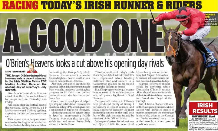  ?? ?? O’HEHIR’S HOPE Independen­t Expert in this evening’s 6.15