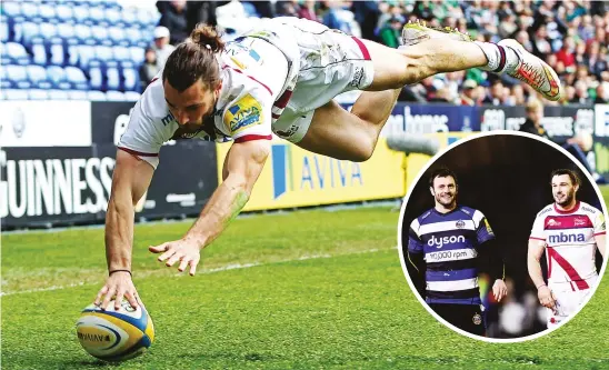  ?? PICTURES: Getty Images ?? Ups and downs: Tom Arscott scores a try for Sale against London Irish. Inset, playing against brother Luke