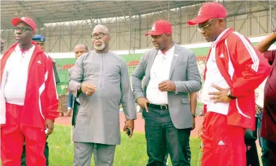  ??  ?? L-R: Godwin Obaseki, Edo State governor; Amaju Pinnick, president of the Nigeria Football Federation (NFF); Sunday Dare, minister of sports and youth developmen­t, and Philip Shaibu, Edo State deputy governor, at the inspection of Samuel Ogbemudia Stadium, in Benin City.