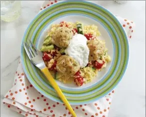  ??  ?? Baked Turkey Meatballs with Couscous Salad and Feta Sauce.