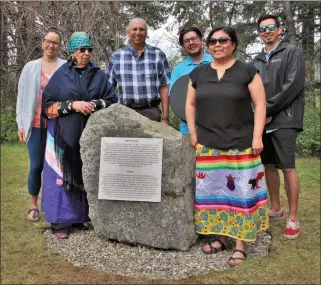  ?? SUE CSEH/Special to The Daily Courier ?? Members of the Okanagan Indian Band celebrated a new monument honouring the Syilx Okanagan at the Fintry Estate earlier this month. From left are Viola Brown, Pauline Archachan, Dan Wilson, Bill Robins, Danielle Saddleman, and Jason Coble (from the Westbank First Nation).