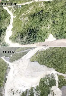  ?? CONTRIBUTE­D FOTOS ?? SCRAPED. These photos show the extent of quarrying being done in a mountain in Barangay Lagtang, Talisay City. Several families are at risk of being buried in a landslide and need to be evacuated.