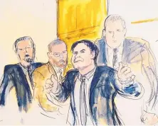  ?? SOURCE: ELIZABETH WILLIAMS ?? In this courtroom drawing, Joaquin “El Chapo” Guzman gestures a thumbs-up to his wife, Emma Coronel Aispuro, as he leaves the courtroom Tuesday in New York.