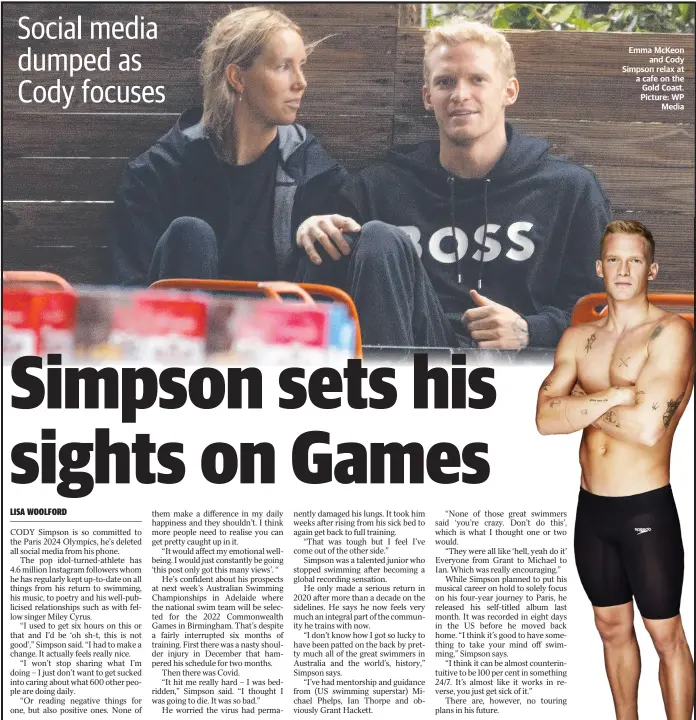  ?? ?? Emma Mckeon and Cody Simpson relax at a cafe on the Gold Coast. Picture: WP Media