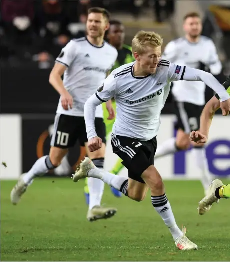  ??  ?? Rosenborg left-back Birger Meling, left, chases after Celtic winger James Forrest in the Europa League in Trondheim last year