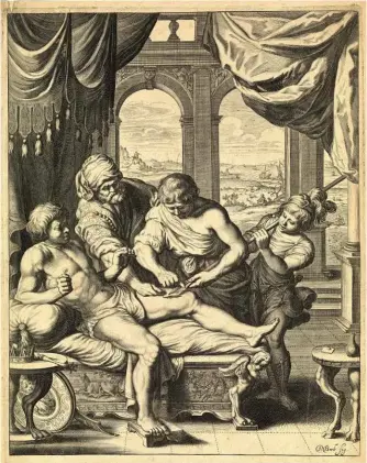  ??  ?? ABOVE: Telephus, the son of Hercules, is cured of a potentiall­y fatal wound with some rust from Achilles’s spear, with which he had originally been wounded. The search for such a ‘weapon salve’ was of great interest to Boyle and his associates.