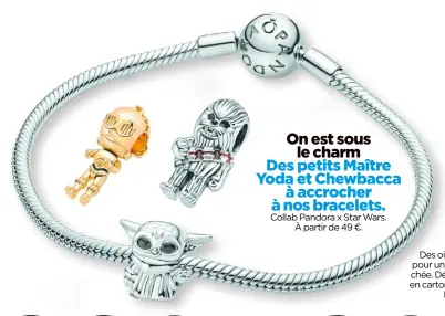  ??  ?? On est sous le charm
Des petits Maître Yoda et Chewbacca à accrocher à nos bracelets. Collab Pandora x Star Wars. À partir de 49 €.