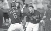  ?? GETTY IMAGES ?? The Orioles' Manny Machado celebrates with teammates after hitting the game-winning grand slam in the ninth inning against the Los Angeles Angels on Friday night.