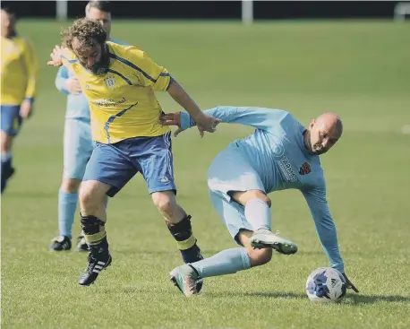  ??  ?? Sunderland & District Over-40s football action between Washington Biddick Inn and Hartlepool Raby Arms.