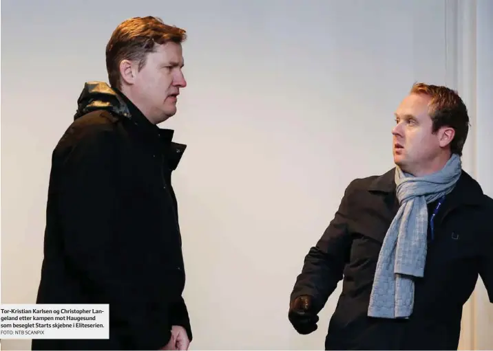  ?? FOTO: NTB SCANPIX ?? Tor-kristian Karlsen og Christophe­r Langeland etter kampen mot Haugesund som beseglet Starts skjebne i Eliteserie­n.