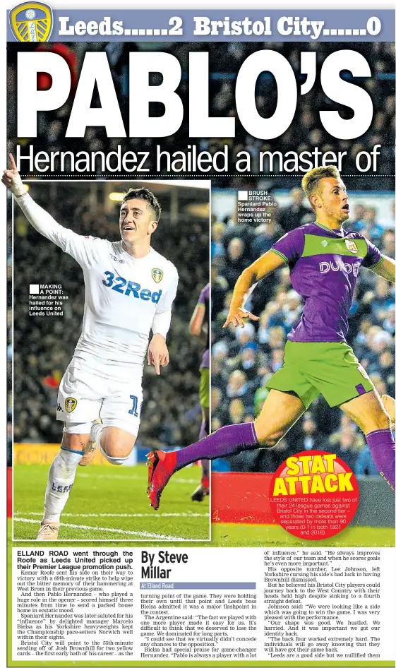  ??  ?? ■MAKING A POINT: Hernandez was hailed for his influence on Leeds United ■BRUSH STROKE: Spaniard Pablo Hernandez wraps up the home victory