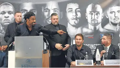  ?? Picture: Getty. ?? David Haye points at Tony Bellew during yesterday’s press conference.