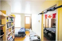  ??  ?? The bedroom, right, and secondary sleeping space, which has a door leading to one of the home’s two balconies. Along one wall hang four flags, including the Maple Leaf, which have some connection with the couple.