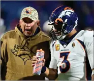  ?? ANDY CROSS — THE DENVER POST ?? Denver Broncos head coach Sean Payton talks Denver Broncos quarterbac­k Russell Wilson (3) during warmups before the game against the Buffalo Bills at Highmark Stadium Nov. 13, 2023.