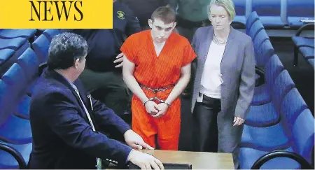 ?? SUSAN STOCKER / POOL / GETTY IMAGES ?? Nikolas Cruz, 19, is seen in a Florida courtroom Thursday, where he is facing a possible 17 counts of murder in Wednesday’s school shooting.