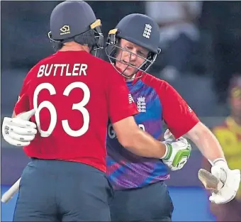  ?? ?? England captain Eoin Morgan and Jos Buttler hug after yesterday’s demolition of the West Indies