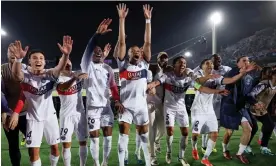  ?? Photograph: Juan Medina/Reuters ?? Kylian Mbappé (centre) and his PSG teammates dance and celebrate their stunning comeback victory at Barcelona.