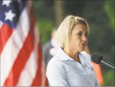  ?? Tyler Sizemore / Hearst Connecticu­t Media ?? Republican Attorney General candidate Sue Hatfield speaks at the 87th annual Cos Cob Republican Clambake in Old Greenwich Sunday.