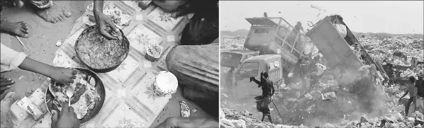  ??  ?? (Left) Displaced Yemenis collect food such as fish, meat, potatoes, onions and flour from garbage dump to make their own food. • (Right) People collect recyclable­s and food at a garbage dump near the Red Sea port city of Hodeidah, Yemen. — Reuters photos