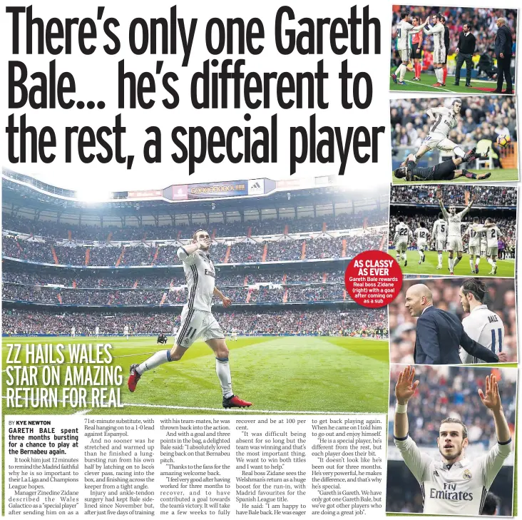  ??  ?? AS CLASSY AS EVER Gareth Bale rewards Real boss Zidane (right) with a goal after coming on as a sub