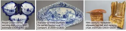  ?? ?? Royal Crown Derby serving dish, circa 1897, estimate £100-£150
Transfer-printed Durham Ox-series footed oval comport, £1,500-£1,800