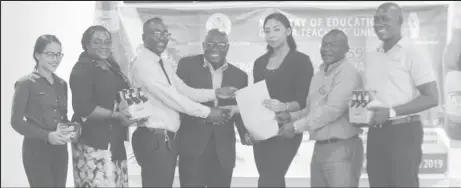  ??  ?? Sponsors and organizers pose for a photo following the launch of the 59th edition of the National Schools Cycling, Swimming and Track and Field Championsh­ips yesterday at the Guyana Teachers Union (GTU) Hall. (Emmerson Campbell photo)