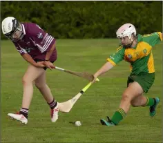  ??  ?? Jessica Murphy (Castletown-Liam Mellows) and Emma Cullen (Blackwater) contest this ground ball.