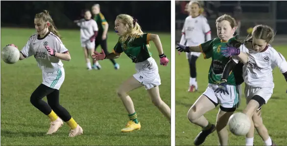  ??  ?? Cadi Kehoe-Lloyd of Bunscoil Loreto (Gorey) breaks away from Ava Newport (OLI/Mayglass).
Ava Wallace of OLI/Mayglass challenges Sarah Higgins (Loreto).