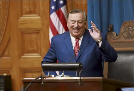  ?? NICOLAUS Czarnecki / BOSTON HERALD ?? Quincy Rep. Ronald Mariano greets the House after being officially elected as House speaker at the Statehouse in Boston.