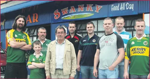  ?? Photo by John Reidy ?? LEFT: Popular gathering place: A group of Kerry supporters preparing to watch the Kerry V Cork munster final at The Swanky Bar in Tarbert on Sunday, July 3, last. Included are, in front, from left: Aaron Mulvihill, Frank Fitzell and Timmy Mulvihill....