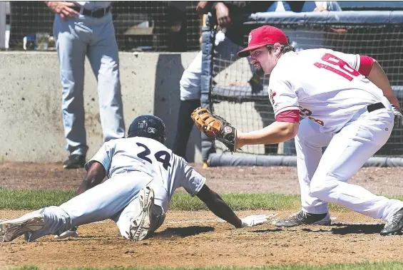  ?? NICK PROCAYLO/FILES ?? Gabriel Clark of the 2016 Vancouver Canadians, right, defends against a Hillsboro Hops player at Nat Bailey Stadium. The teams share a stadium in Hillsboro this year.