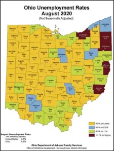  ?? Graphic provided ?? Unemployme­nt rates have continued to drop as the state’s economy opens back up as the country adapts to life amid a pandemic. Sixty-six county’s saw unemployme­nt rates decrease in August.