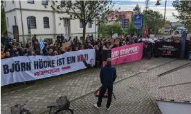  ?? Photograph: dts News Agency Germany/Rex/Shuttersto­ck ?? Protesters gather outside court in Halle for the first day of the trial against Thuringia's AfD state leader, Björn Höcke.