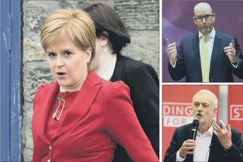  ??  ?? Above, Nicola Sturgeon fears a Tory victory will push the UK further to the right; top right, Ukip leader Paul Nuttall called the election a cynical attempt to exploit the current weakness of the Labour Party; below right, Labour leader Jeremy Corby...