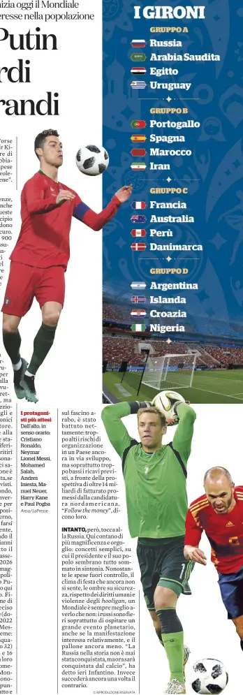  ?? Ansa/LaPresse ?? I protagonis­ti più attesi Dall’alto, in senso orario: Cristiano Ronaldo, Neymar Lionel Messi, Mohamed Salah, Andres Iniesta, Manuel Neuer, Harry Kane e Paul Pogba