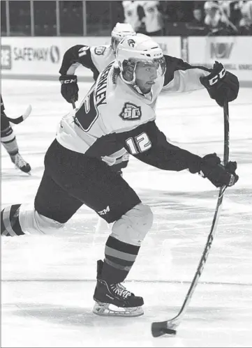  ?? Photo by Steven Mah ?? Swift Current Broncos forward Jay Merkley has more than doubled his career offensive output with 30 goals and 31 assists in 69 games during his third WHL season.