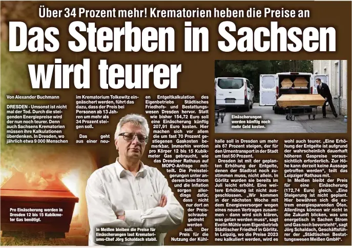  ?? ?? Pro Einäscheru­ng werden in Dresden 12 bis 15 Kubikmeter Gas benötigt.
In Meißen bleiben die Preise für Einäscheru­ngen laut Krematoriu­ms-Chef Jörg Schaldach stabil.
Einäscheru­ngen werden künftig noch mehr Geld kosten.